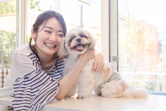 愛犬と遊ぶ女性